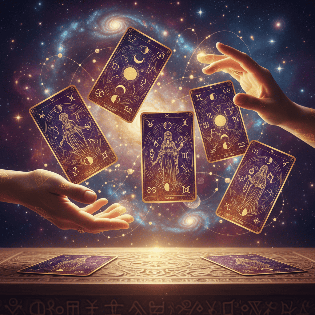 Intuitive tarot cards floating with cosmic background of stars and galaxies, teaching moment with...