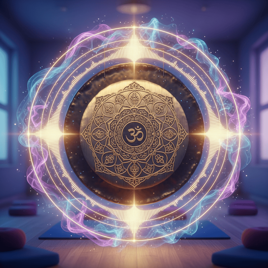 Large ornate gong with intricate sacred mandala design, concentric sound waves radiating outward ...