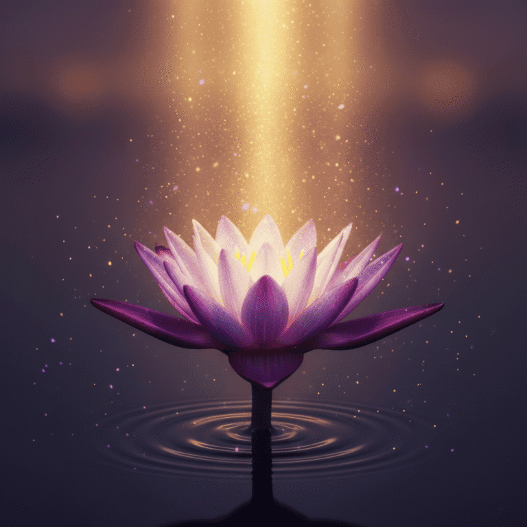 Lotus flower blooming from dark water into golden light, transformation and rebirth symbolism, pu...