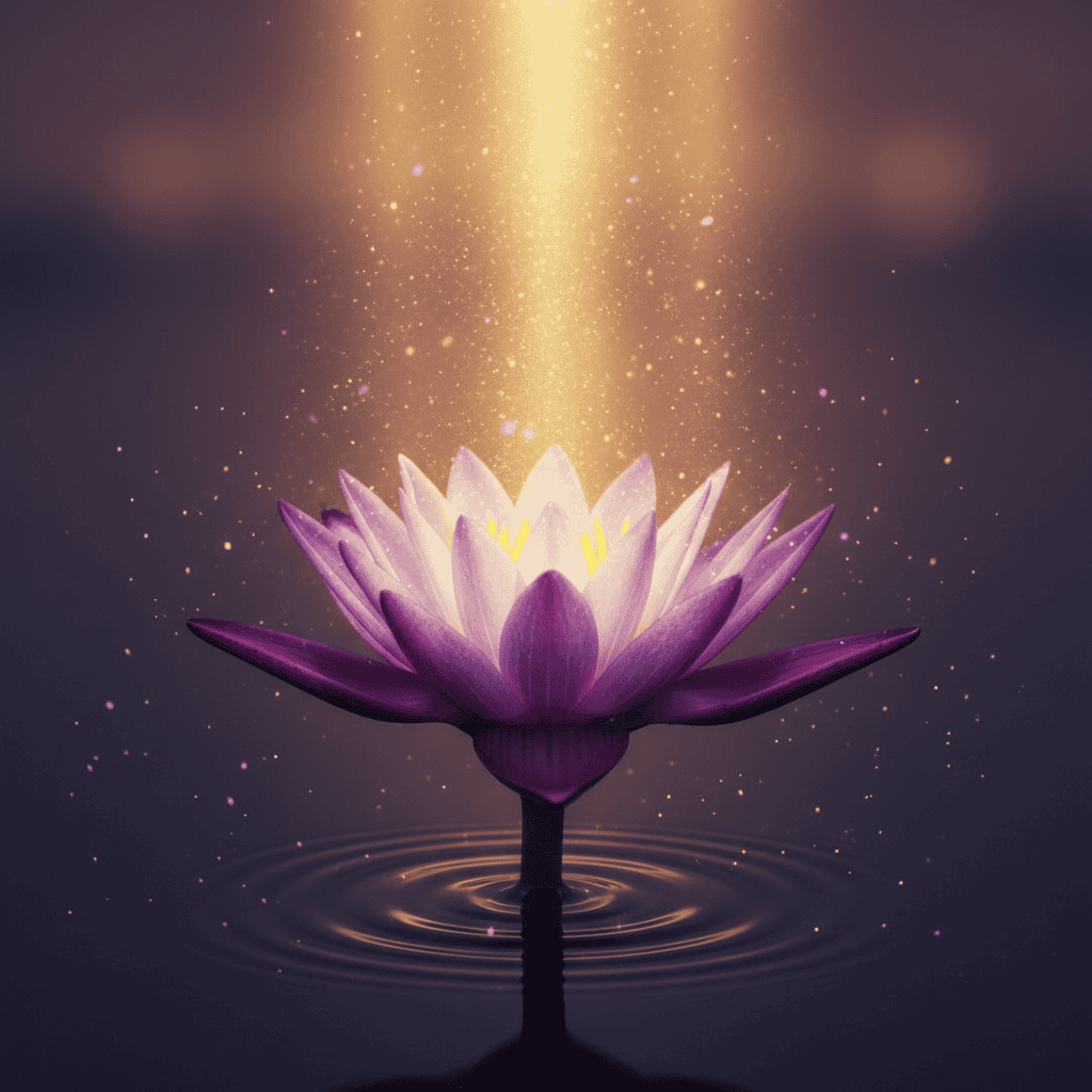 Lotus flower blooming from dark water into golden light, transformation and rebirth symbolism, pu...