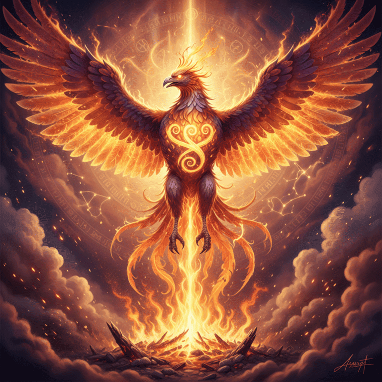Majestic phoenix bird rising from flames in transformation, sacred mythical bird with wings of fi...