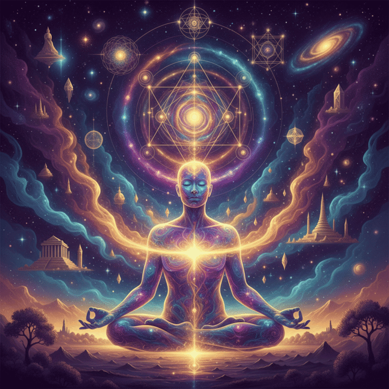 Metaphysical spiritual journey visualization, consciousness expanding beyond physical reality, co...