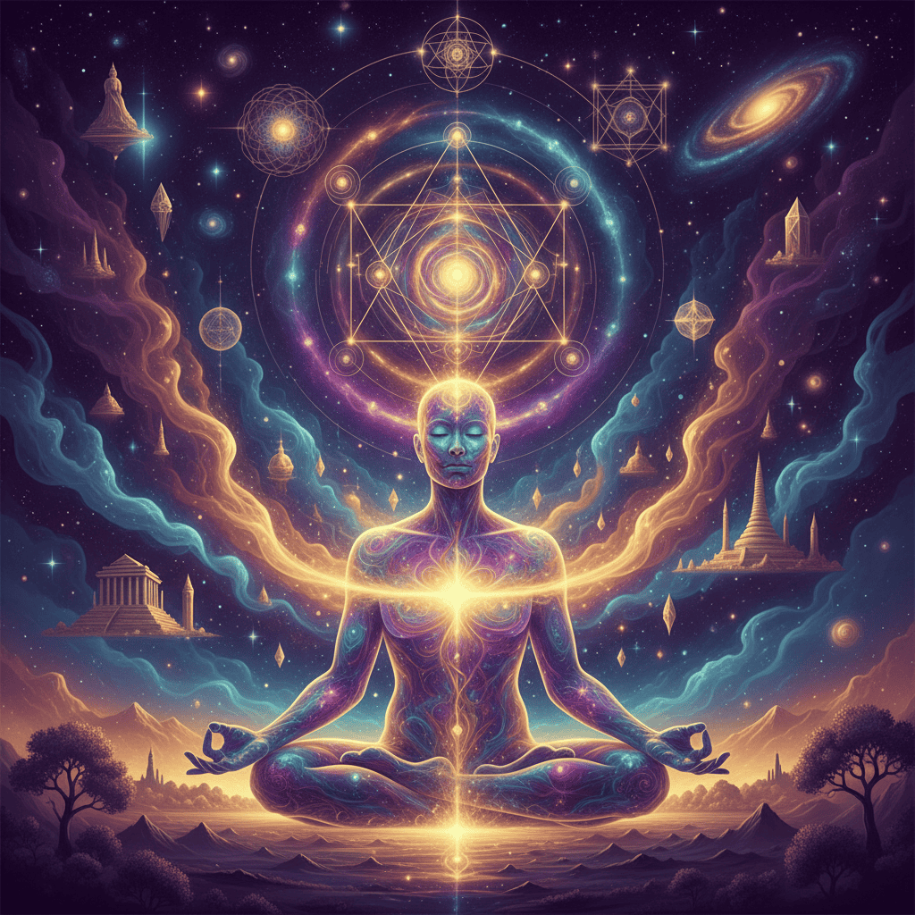 Metaphysical spiritual journey visualization, consciousness expanding beyond physical reality, co...