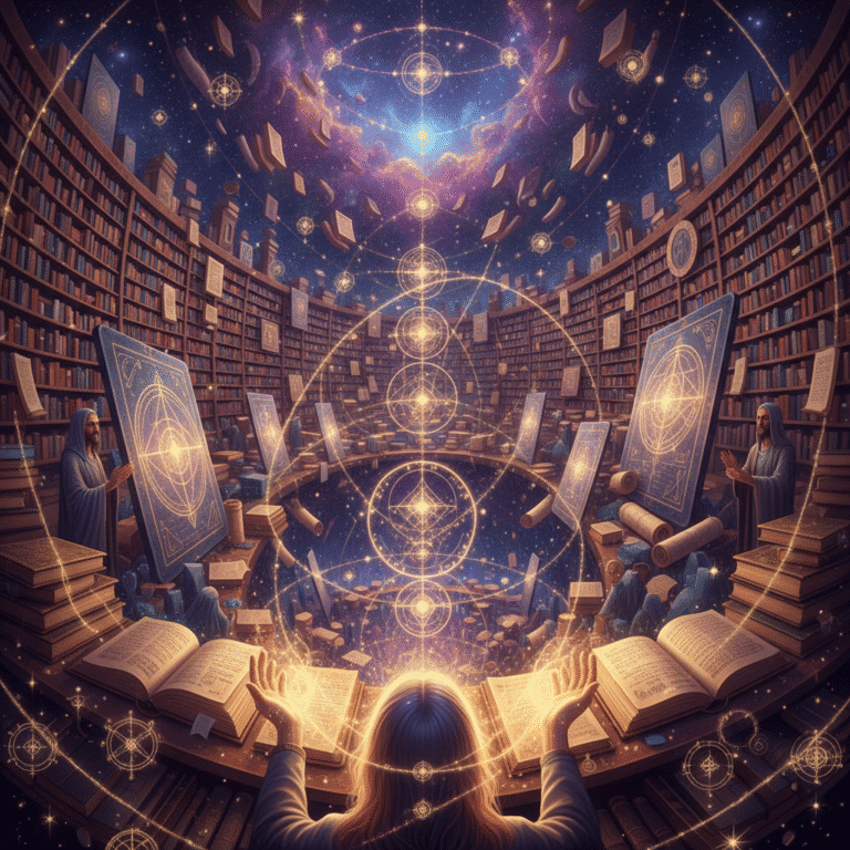 Mystical Akashic Records library with infinite glowing books and scrolls, ethereal purple and gol...