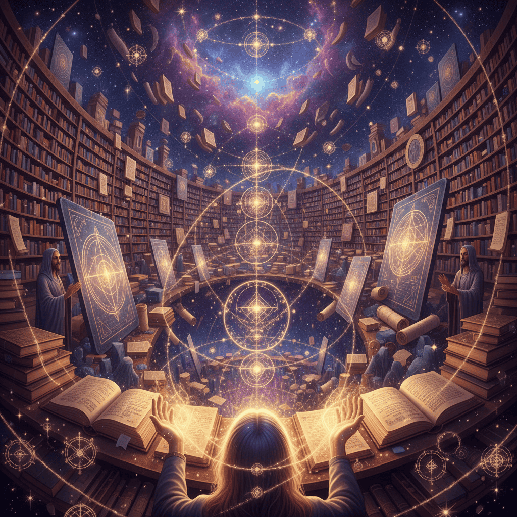 Mystical Akashic Records library with infinite glowing books and scrolls, ethereal purple and gol...