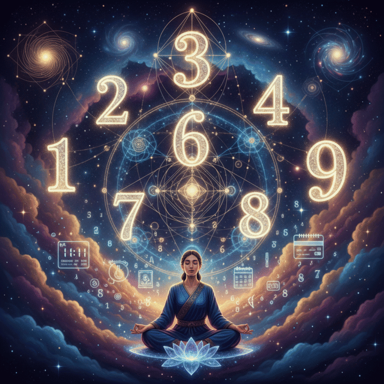 Mystical numerology scene with glowing sacred numbers 1-9 floating in cosmic space, sacred geomet...