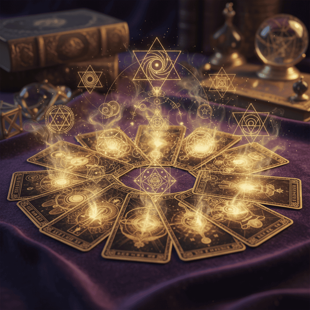 Mystical tarot cards spread on purple velvet cloth, golden light emanating from cards, sacred geo...
