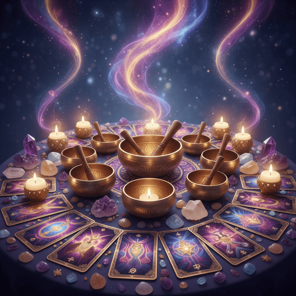 Mystical tarot reading table with beautiful tarot card spread, singing bowls arranged in circle, ...