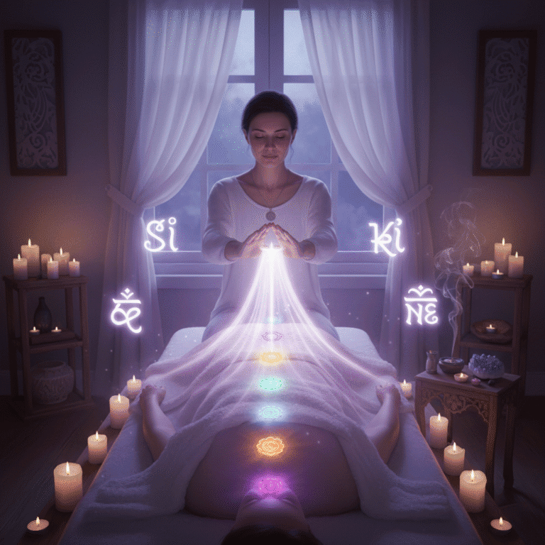 Peaceful Reiki healing session, healing hands hovering over person with glowing purple and white ...
