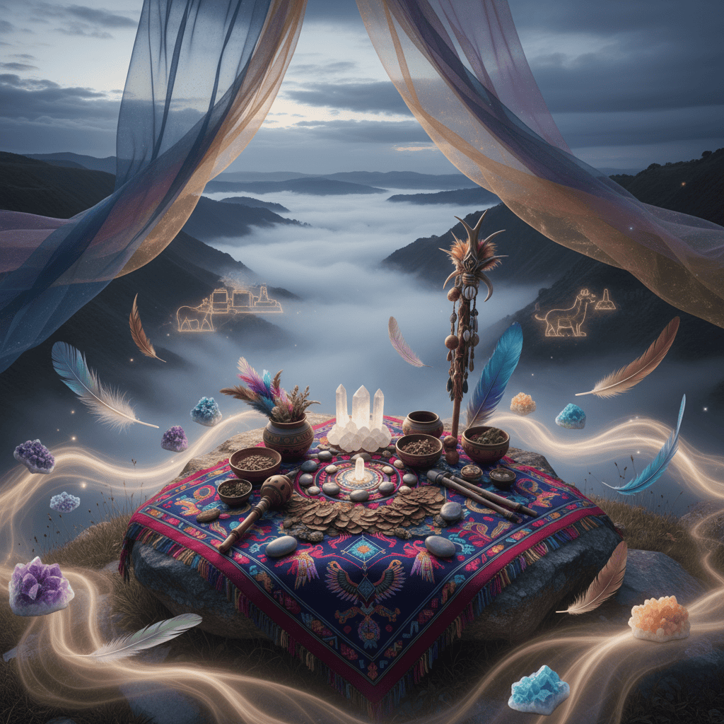 Peruvian shamanic altar with mesa cloth spread with sacred stones and medicine tools, spirit real...