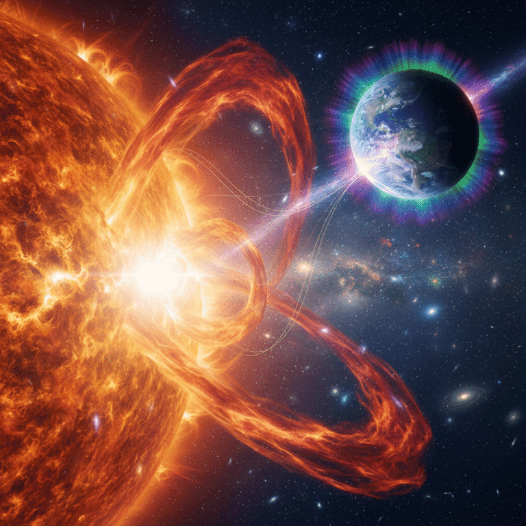 Powerful solar flare erupting from the suns surface with bright orange and gold plasma, Earths ma...