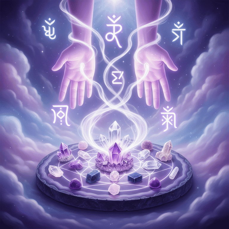Reiki healing energy visualization with glowing hands symbols, violet and white energy streams fl...