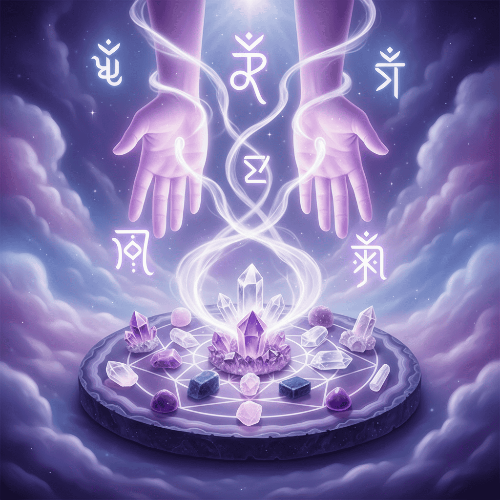 Reiki healing energy visualization with glowing hands symbols, violet and white energy streams fl...