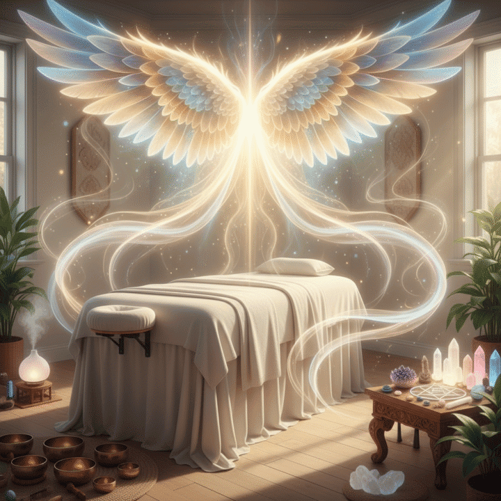 Reiki massage therapy sanctuary with professional massage table draped in white linens, magnifice...