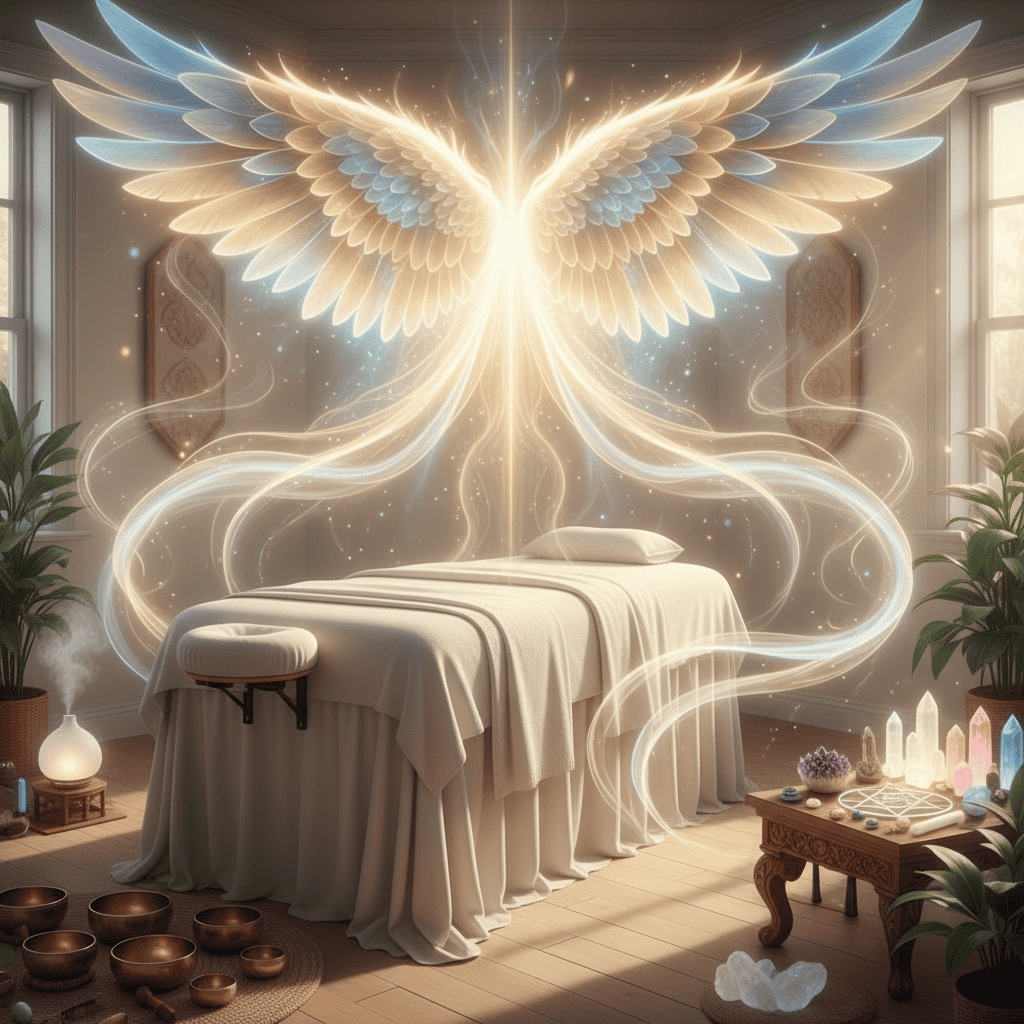 Reiki massage therapy sanctuary with professional massage table draped in white linens, magnifice...