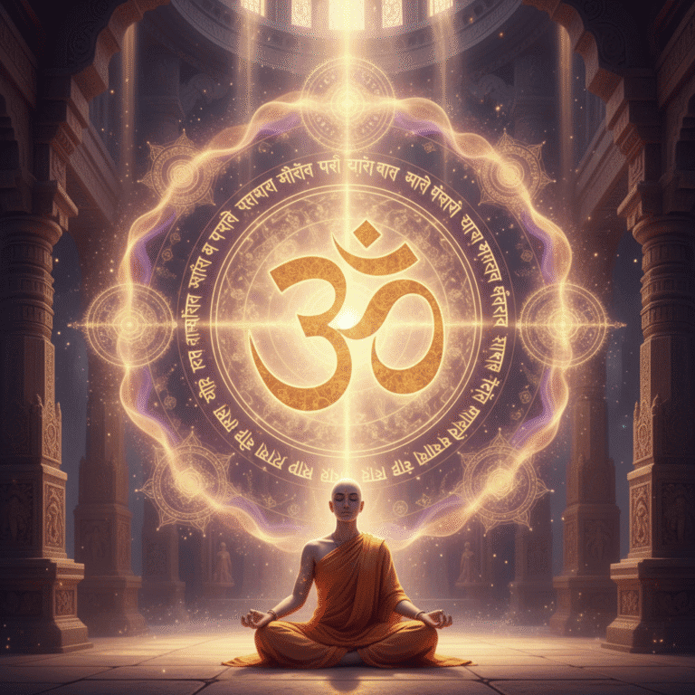 Sacred Om Aum symbol glowing with golden light in center, surrounded by Sanskrit text and peacefu...