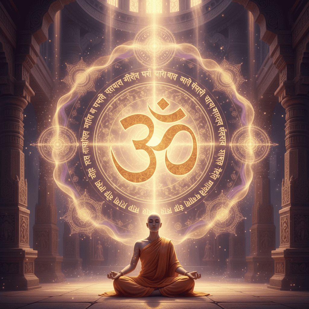 Sacred Om Aum symbol glowing with golden light in center, surrounded by Sanskrit text and peacefu...