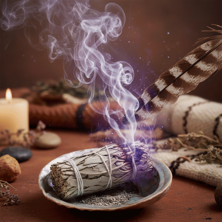 Sacred smudge stick of white sage burning with aromatic smoke swirling in mystical patterns, abal...