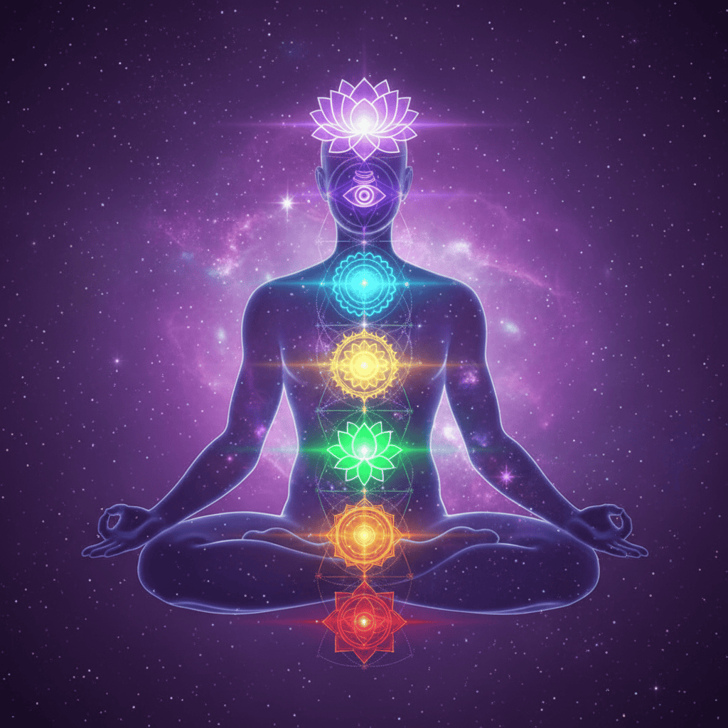 Seven luminous chakras aligned vertically in glowing rainbow colors, each spinning wheel radiatin...