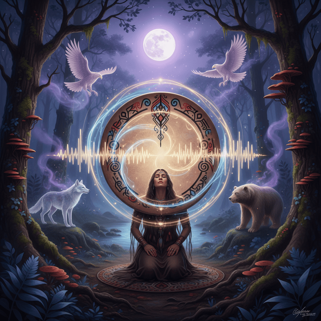 Shamanic drum journey ceremony, large ceremonial drum with intricate tribal patterns, visible sou...