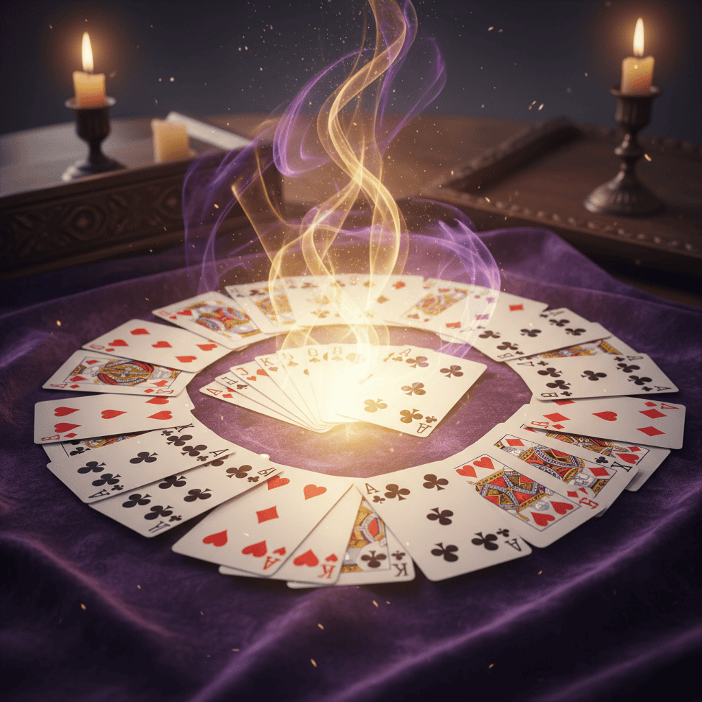 Standard 52-card playing deck spread on purple velvet, hearts spades diamonds clubs visible, gold...