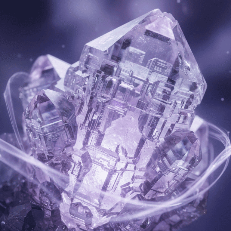 Stunning elestial quartz crystal with skeletal formations and layered geometric patterns, enchant...