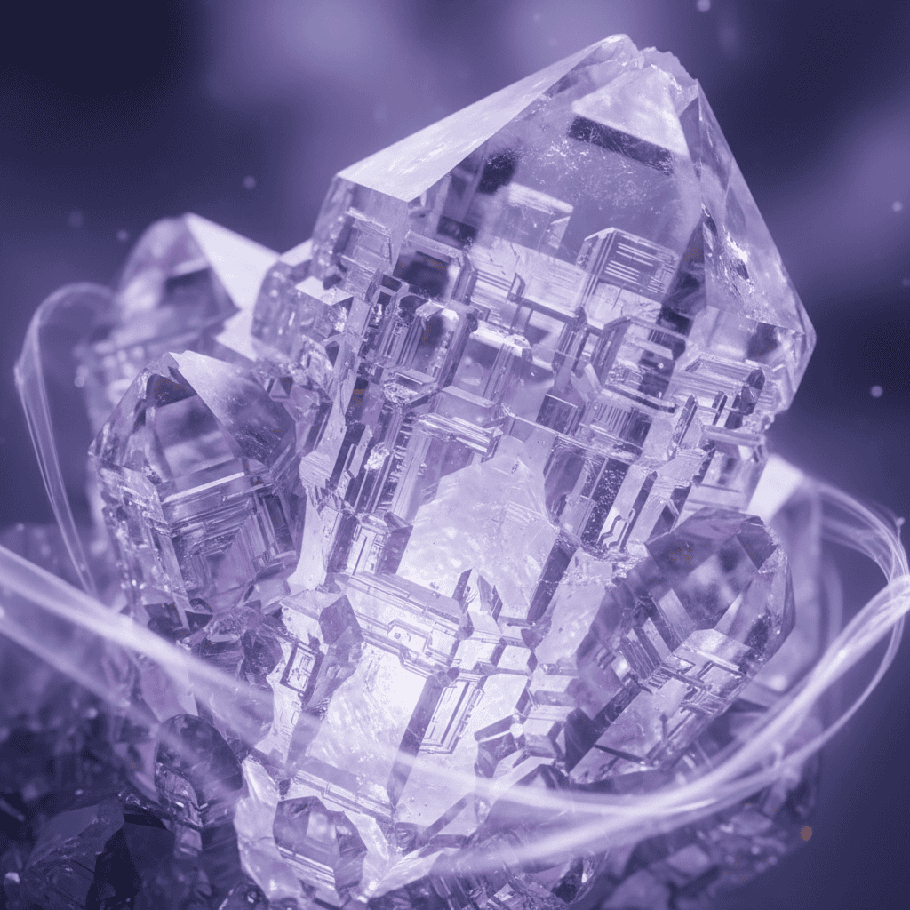 Stunning elestial quartz crystal with skeletal formations and layered geometric patterns, enchant...