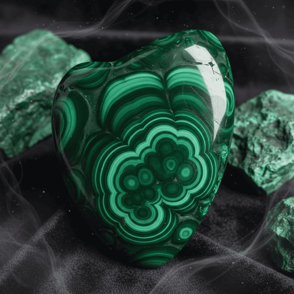 Stunning malachite crystal with distinctive green banding patterns, swirling concentric circles i...