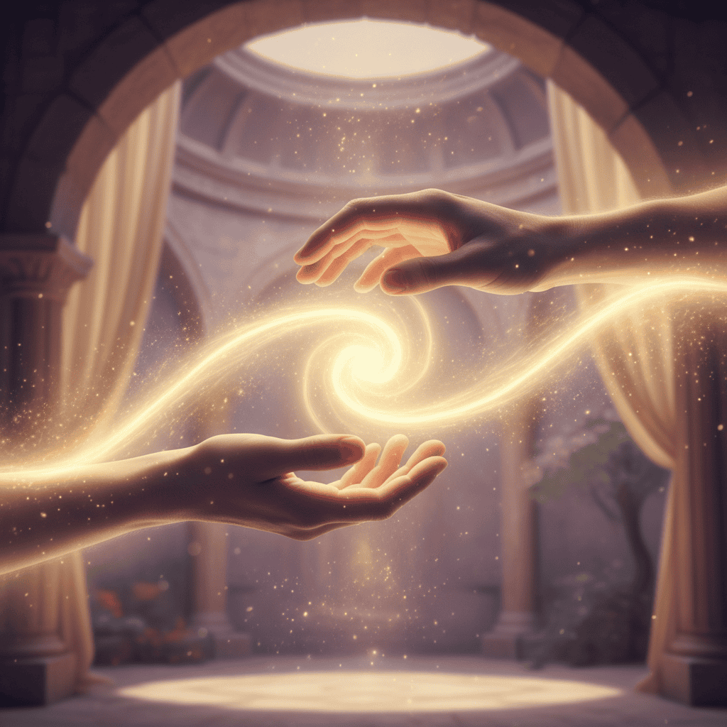 Two hands reaching toward each other with golden healing light between them, supportive connectio...