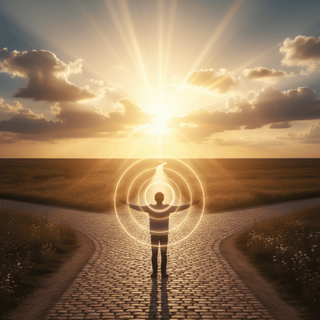 Uplifting life coaching session with guiding light rays breaking through clouds, person standing ...