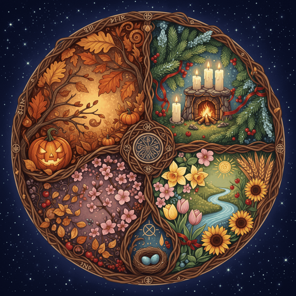 Another, "Create a digital art piece depicting a tranquil seasonal wheel that represents the cyc...