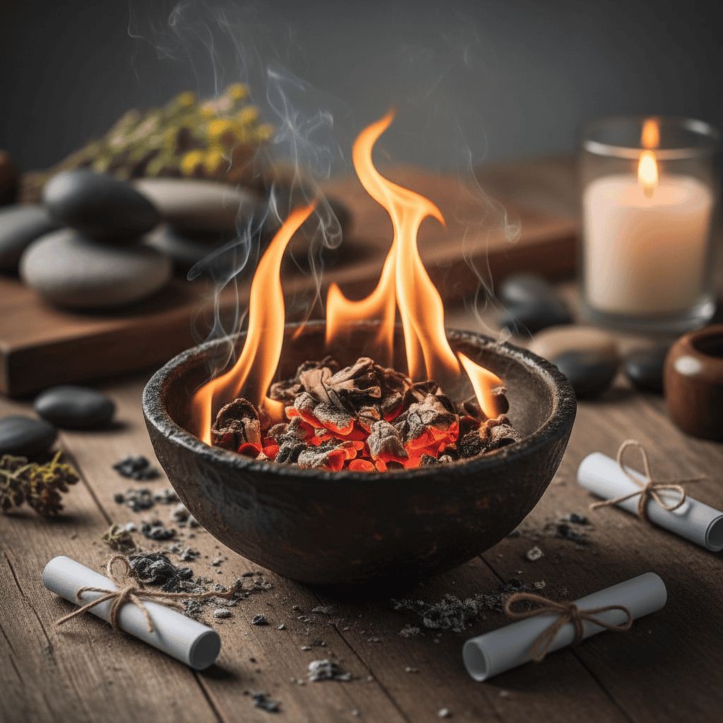 Burning bowl ceremony, no text, no people