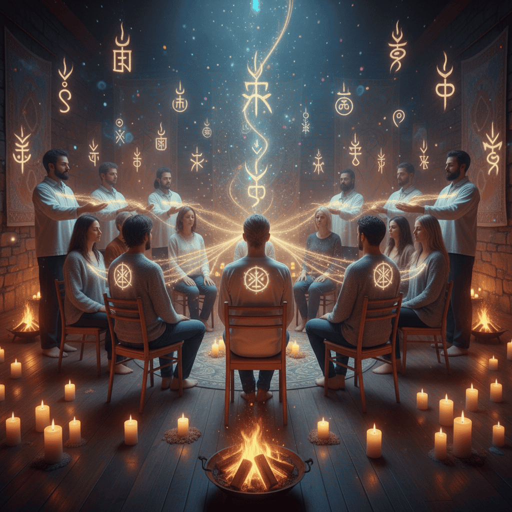Mystical reiki share with a glowing room filled with chairs a small intimate circle 11 people or ...