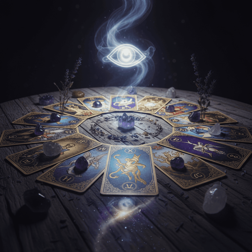 Tarot and oracle class learning intuition, no text, no people, no furniture, mystical