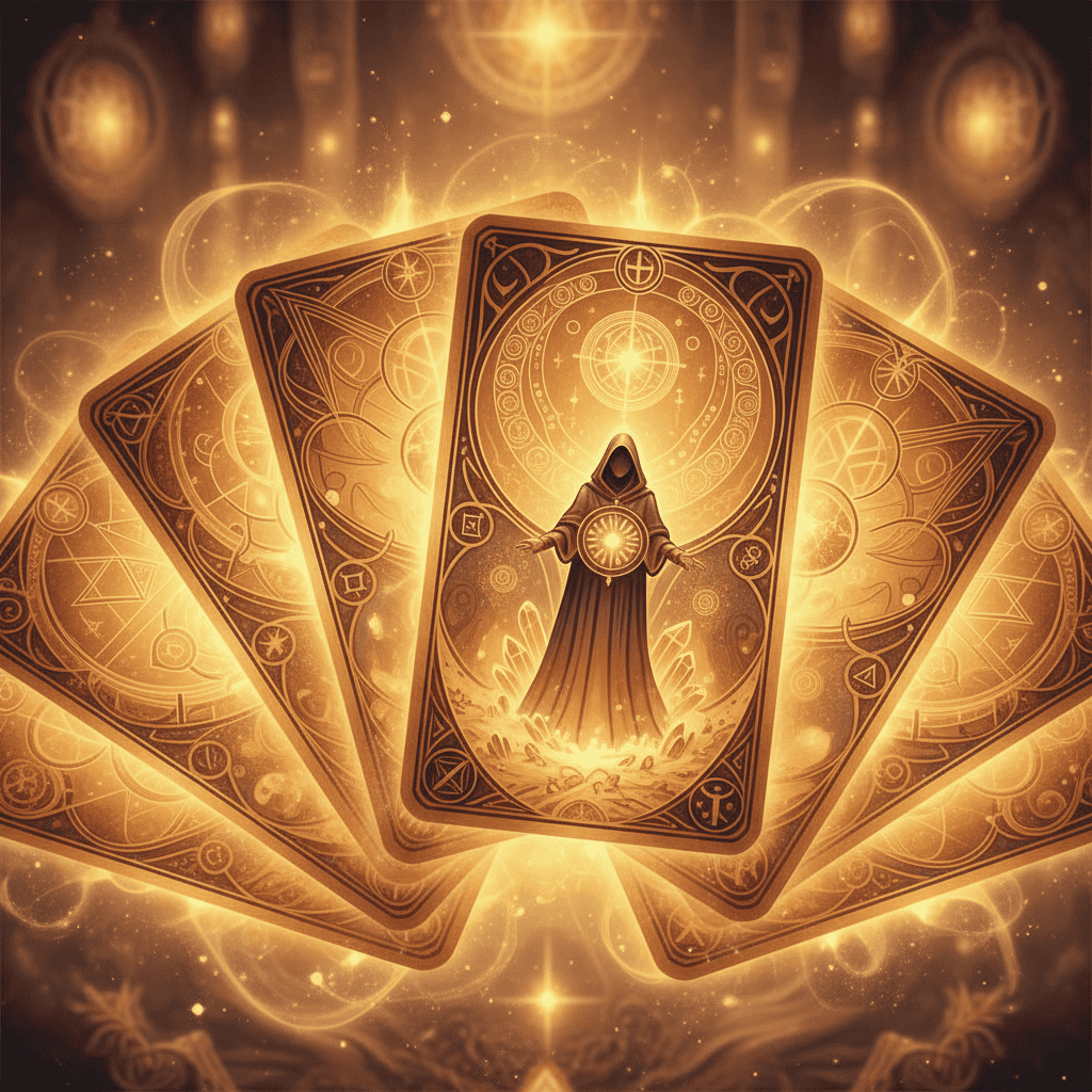 Tarot cards with an aura glow mystical, no words, no people with a warm feel and a magician feel,...