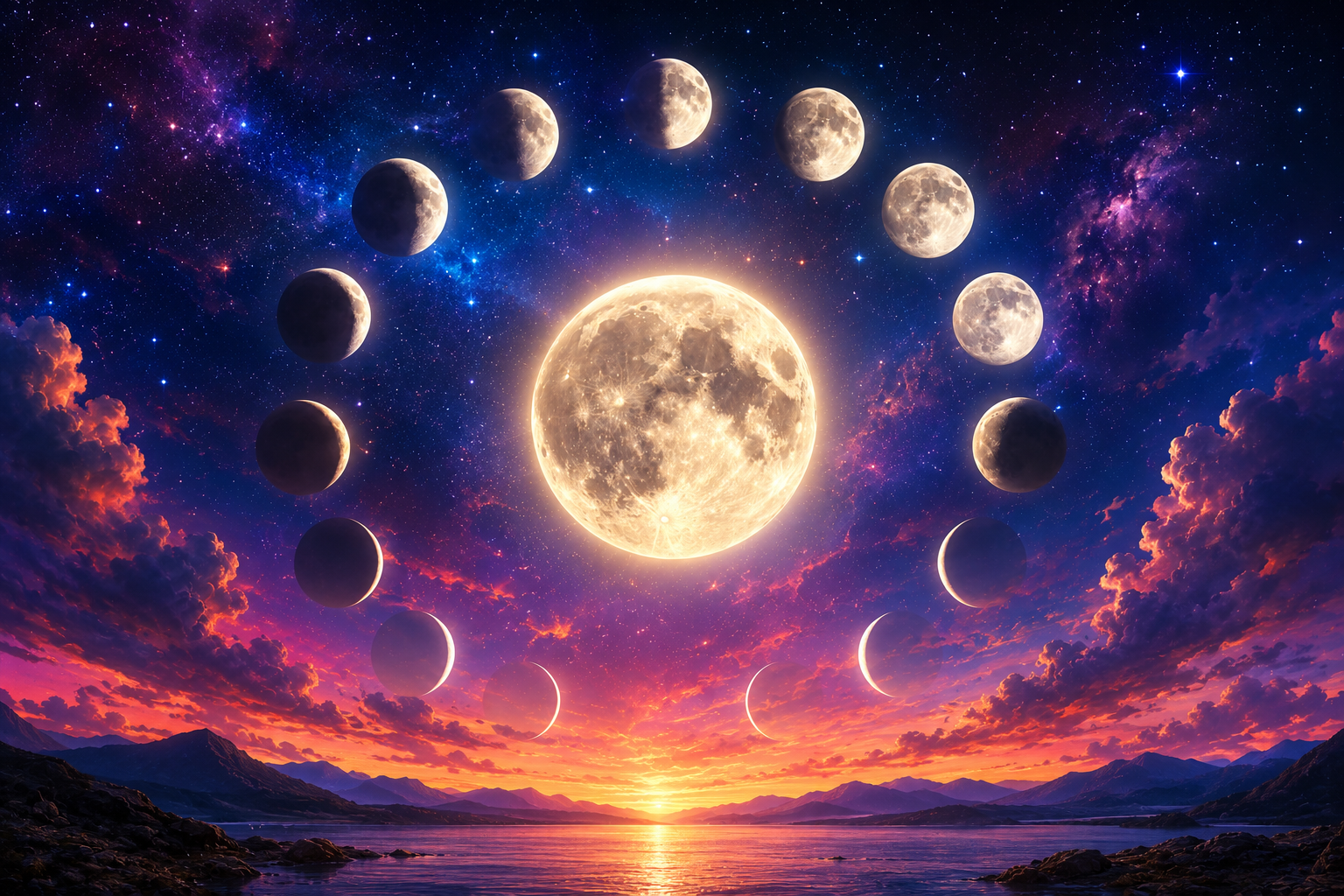 A vibrant depiction of the moon's phases surrounded by a cosmic landscape.