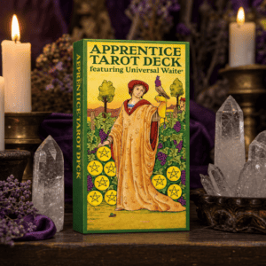 Apprentice Tarot Deck box on a wooden altar with candles and crystals