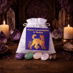 Animal Communication crystal bag on a wooden altar with candles