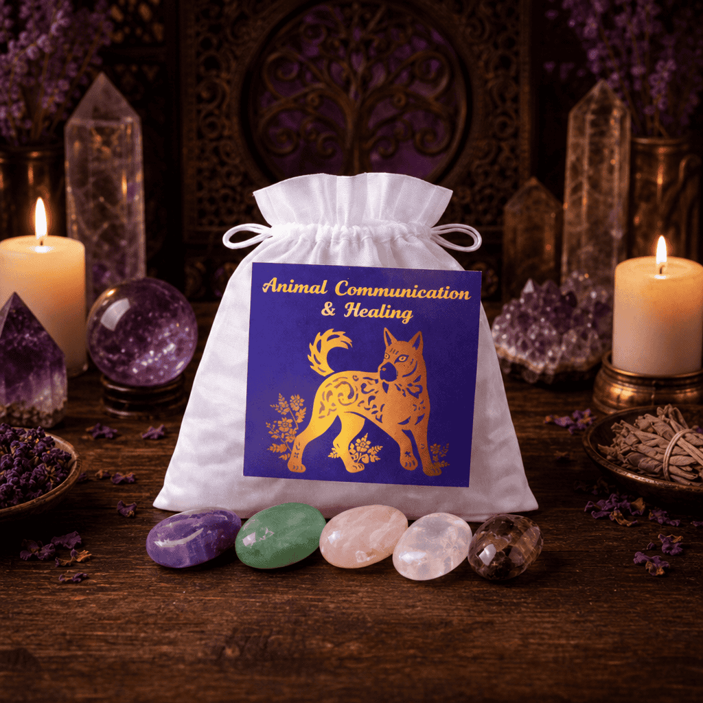 Animal Communication crystal bag on a wooden altar with candles