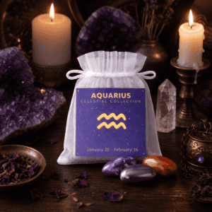 Aquarius celestial bag on a wooden altar with candles