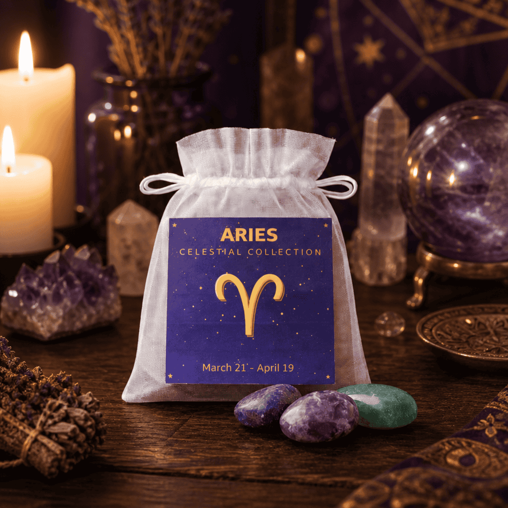 Aries celestial bag on a wooden altar with candles