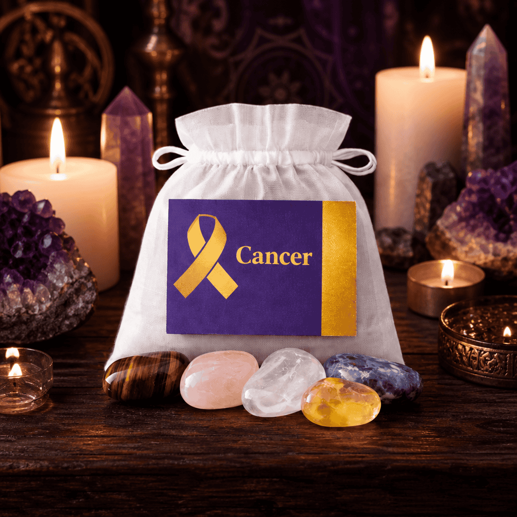 Cancer Support crystal bag on a wooden altar with candles