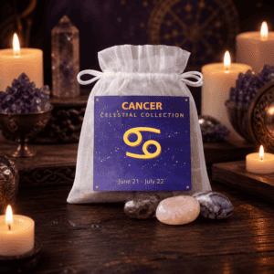 Cancer celestial bag on a wooden altar with candles