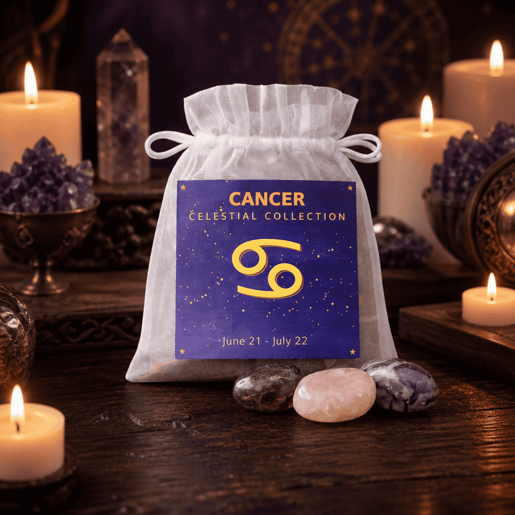 Cancer celestial bag on a wooden altar with candles