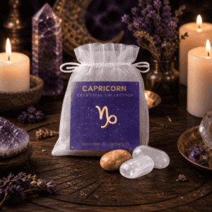 Capricorn celestial bag on a wooden altar with candles