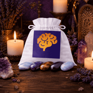 Concentration crystal bag on a wooden altar with candles