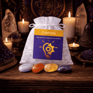 Creativity crystal bag on a wooden altar with candles