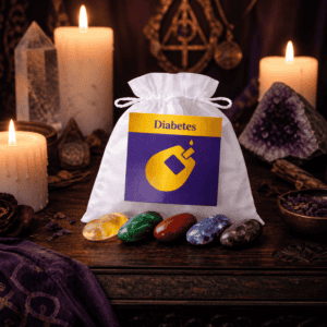 Diabetes crystal bag on a wooden altar with candles