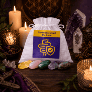 Gastrointestinal crystal bag on a wooden altar with candles
