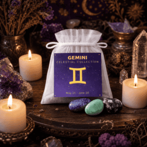 Gemini celestial bag on a wooden altar with candles